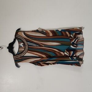 Women's sleeveless tank tunic brown green blue faux metal & sequins neck detail
